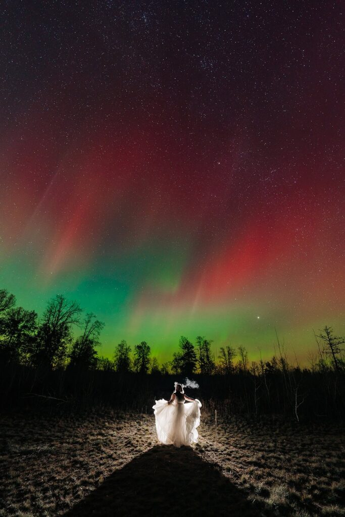 Northern Lights wedding couple portrait near Lake Superior, Minnesota