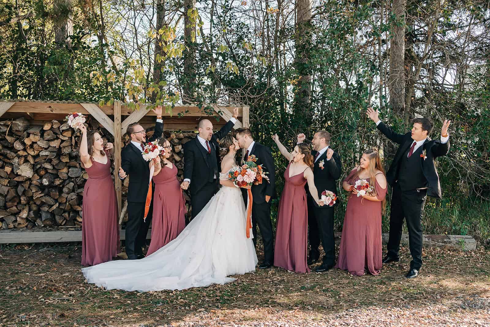 White barn wedding venue MN bridal party portraits