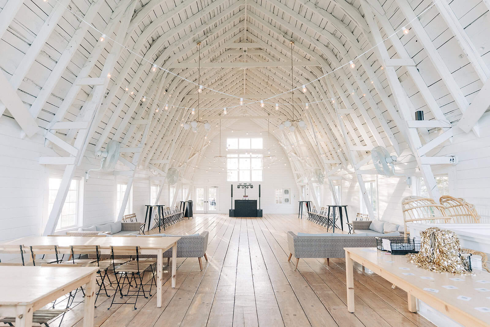 Elegant reception setup inside Ivory North wedding venue modern farmhouse space