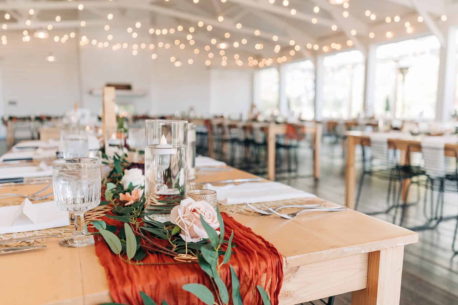 Reception table details at modern farmhouse wedding venue in mn