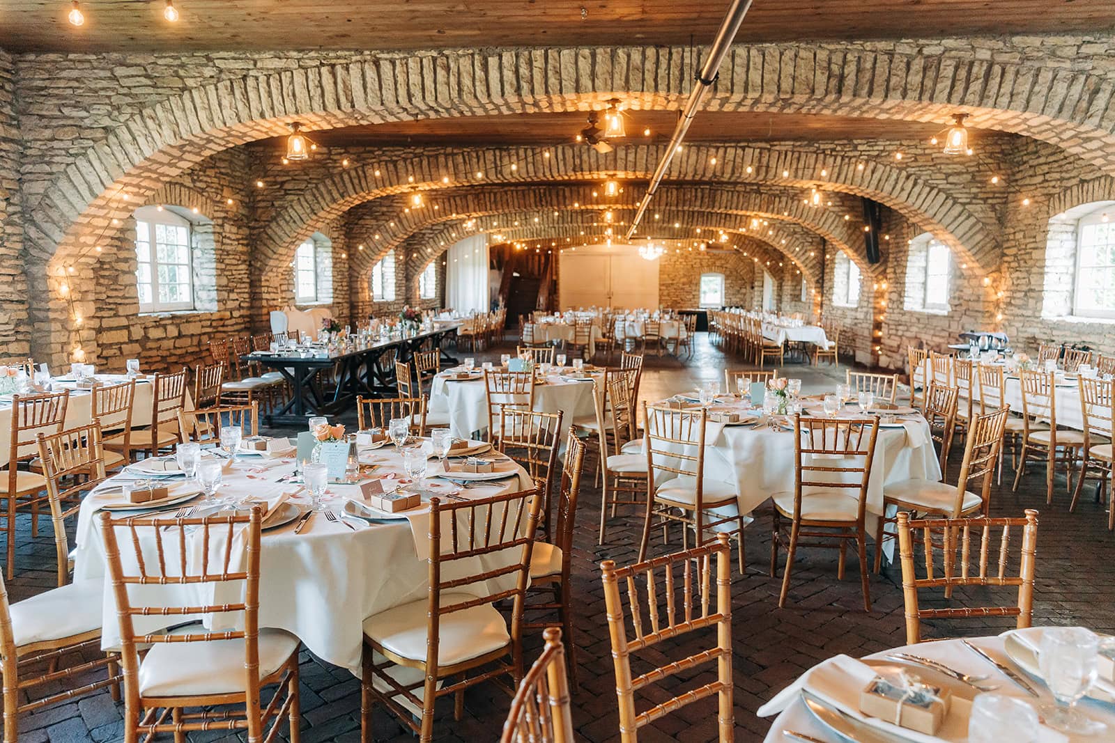 wedding reception decor at Mayowood Stone Barn in Rochester